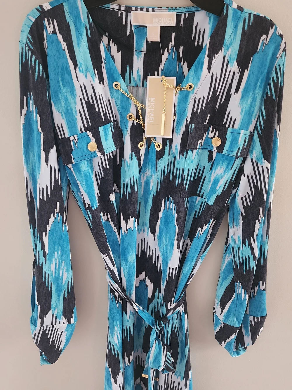 Michael Kors Turquoise Black White Ikat Tie-Waist Dress